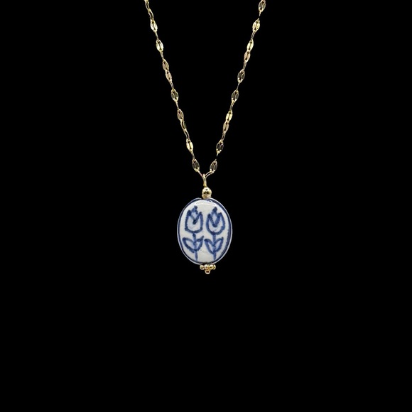 Blue and White Floral Ceramic Pendant on Stainless Steel Necklace - Picture 13 of 13